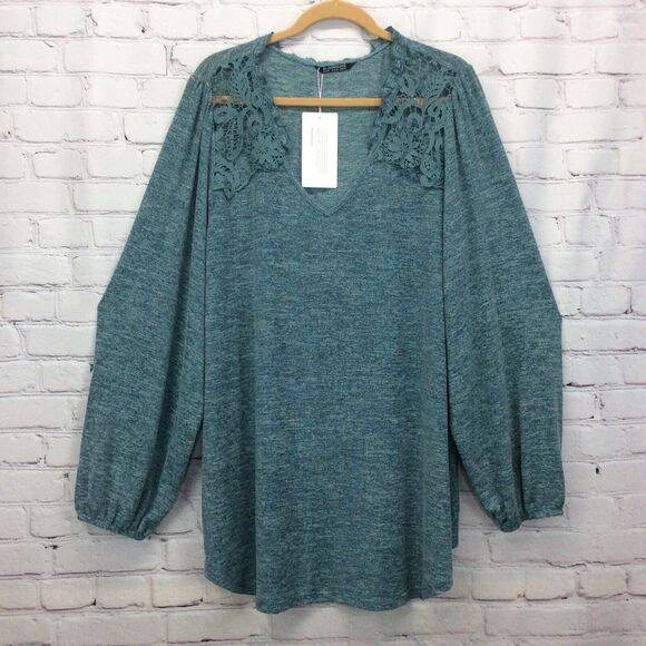 Bloomchic Sweater Women's Plus 22/24 Heathered Teal Lace Inserts Business Casual - Picture 1 of 10